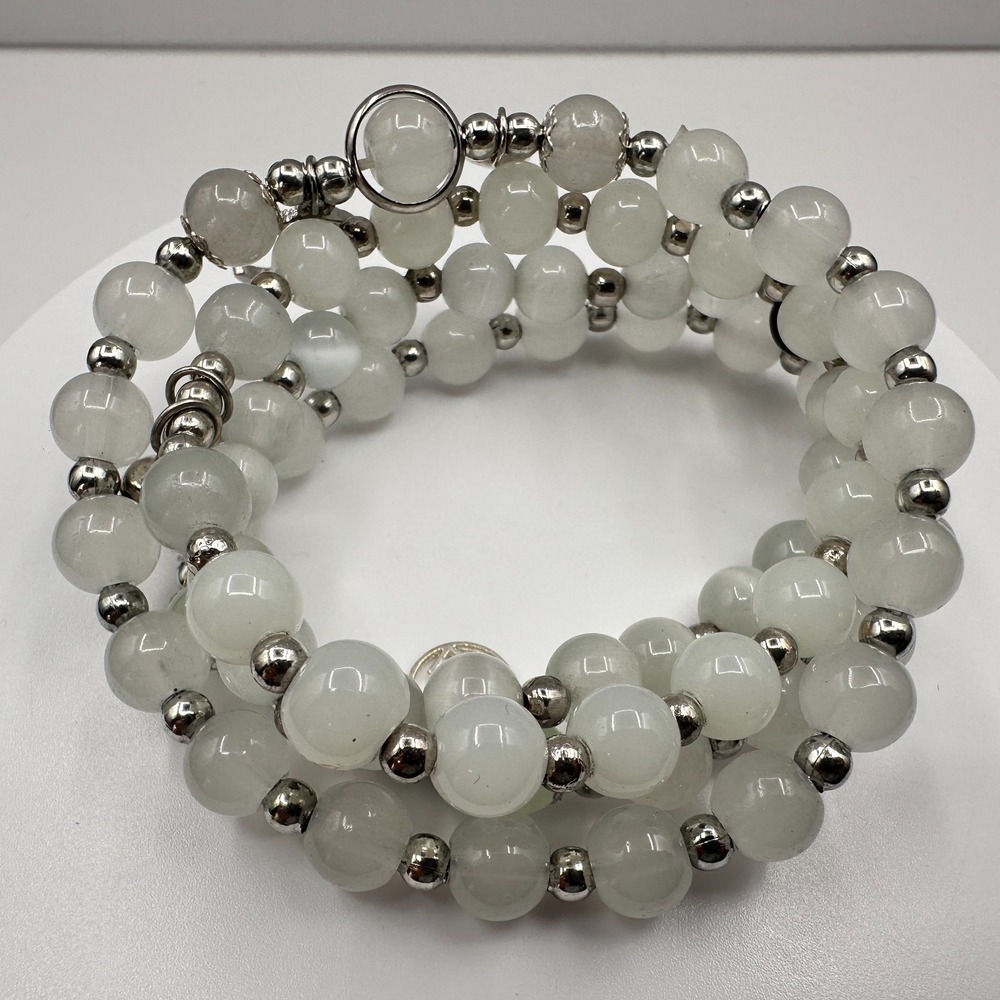 Vintage 90s White Quartz Beaded Wrap Bracelet Silver Tone Boho Statement Jewelry - Picture 7 of 8